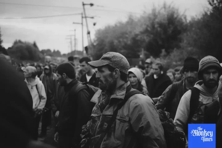 Group of people cross the border between countries