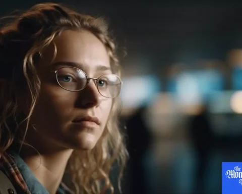 A young woman with blond curly hair wearing glasses