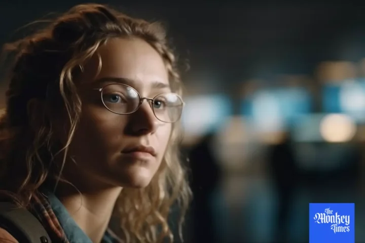 A young woman with blond curly hair wearing glasses