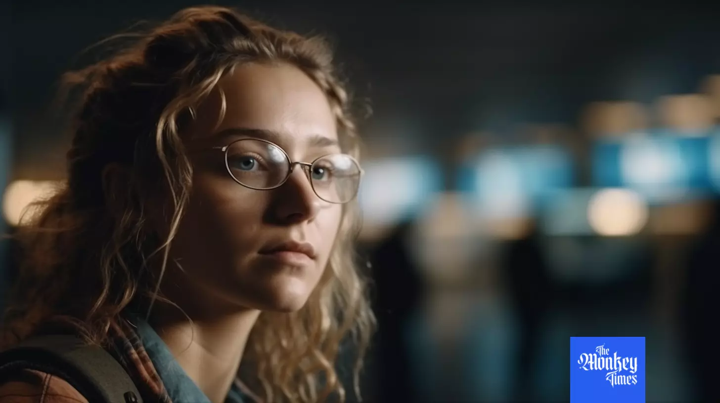 A young woman with blond curly hair wearing glasses