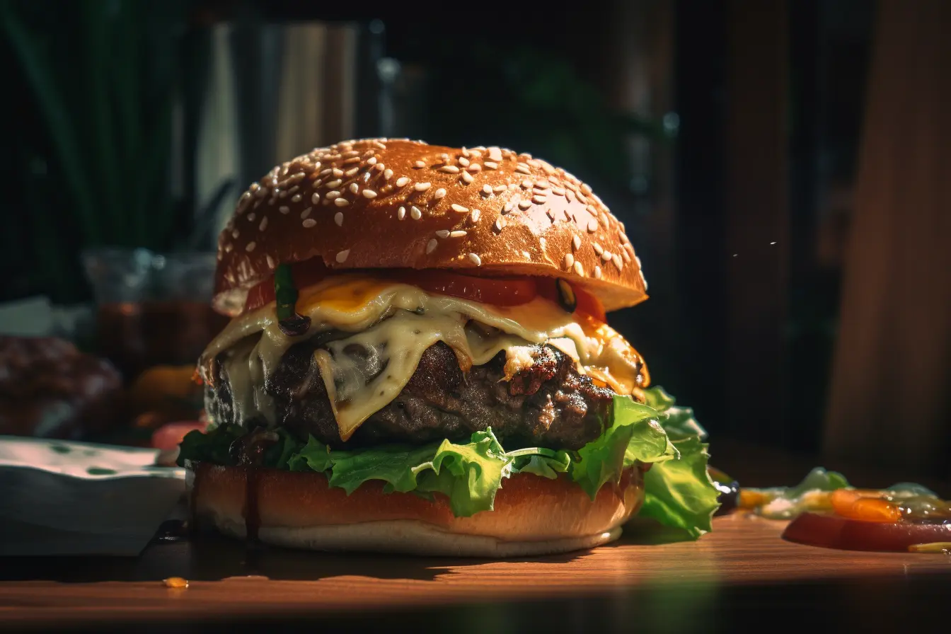 The homemade beef burger with lattice, cheese and tomato.