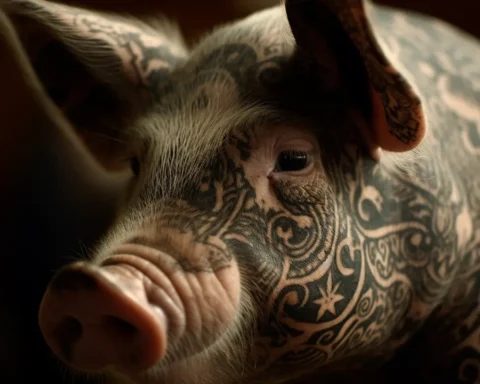 A pig covered with beautiful tattoos.