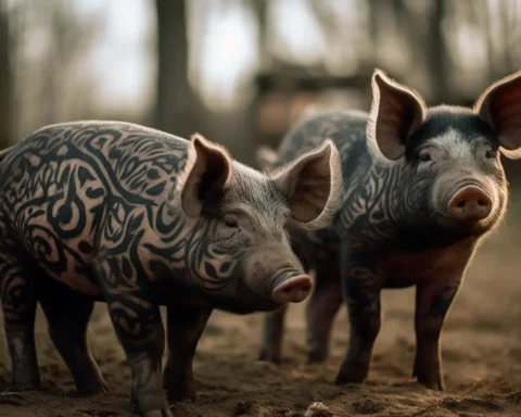 Two beautiful little pigs covered by tattoos.