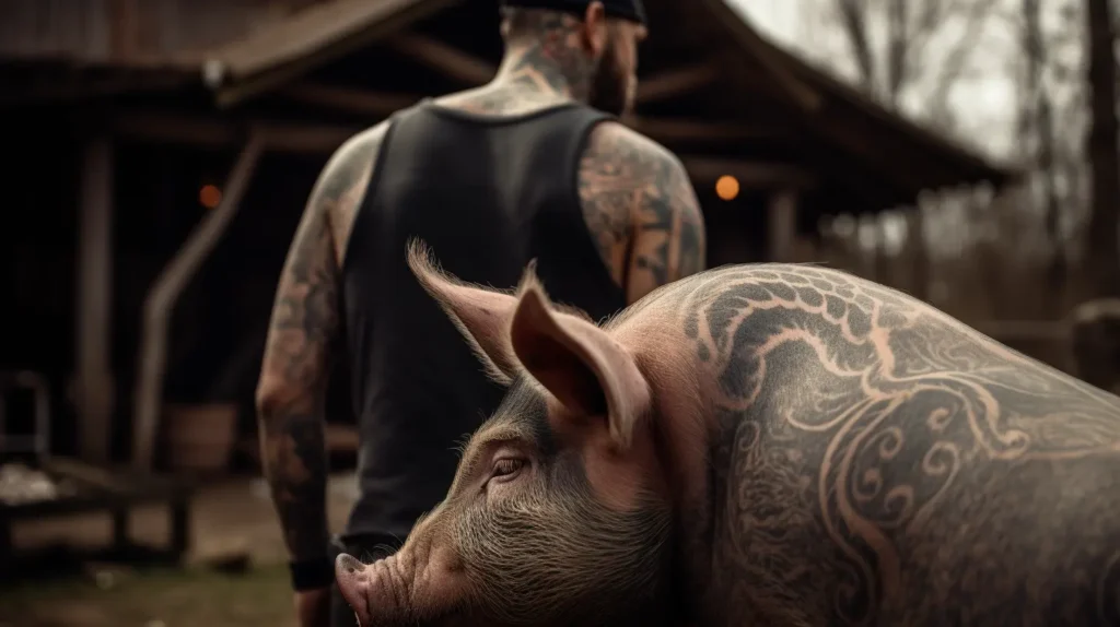 Tattoo artist and his artwork at the pig.