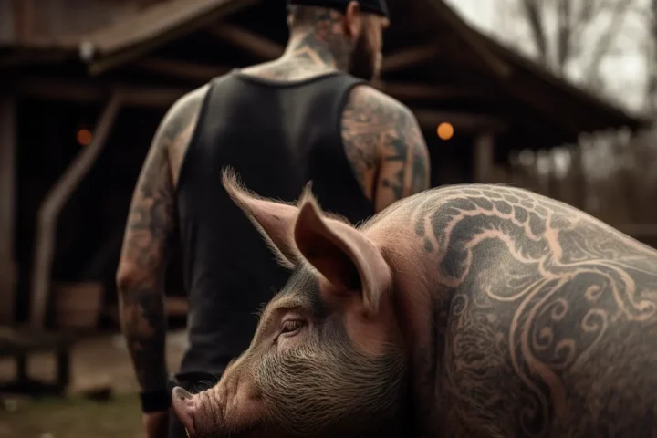 Young man and a pig are covered by tattoos.