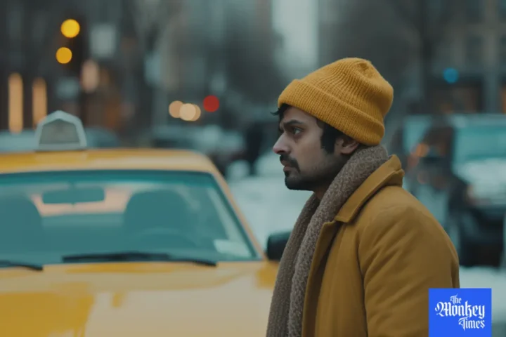 Pakistani man dressed in yellow jacket and a hat walking across the street in front of the yellow taxicab