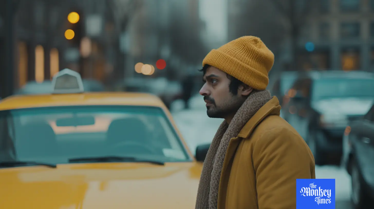 Pakistani man dressed in yellow jacket and a hat walking across the street in front of the yellow taxicab