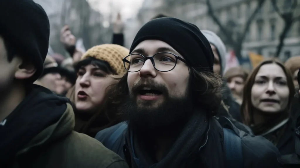 A middle aged man participates in feminists action for equal rights.