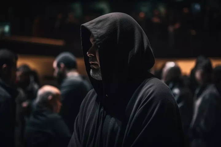 Shot of the preacher standing in the church and wearing a black hoodie.