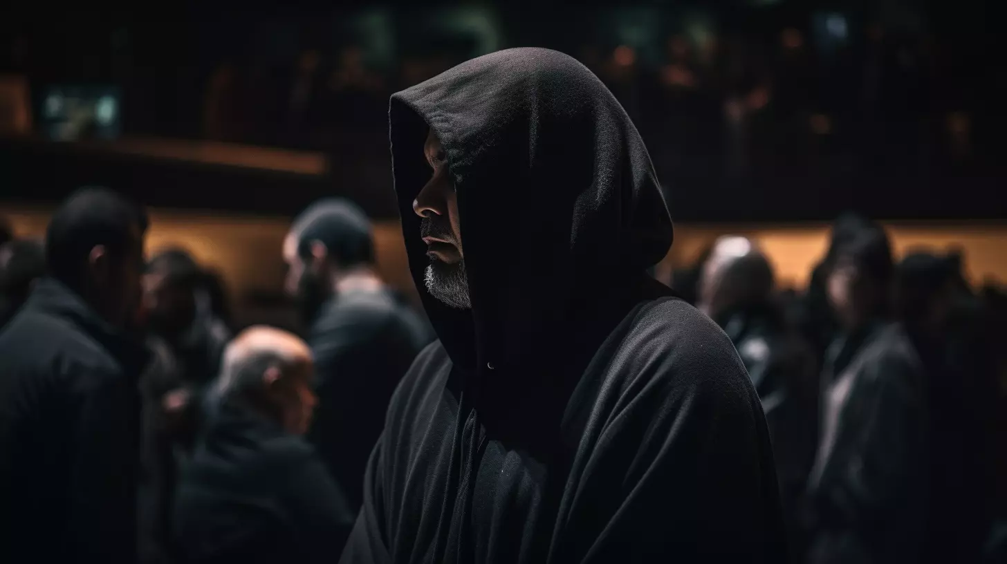 Shot of the preacher standing in the church and wearing a black hoodie.