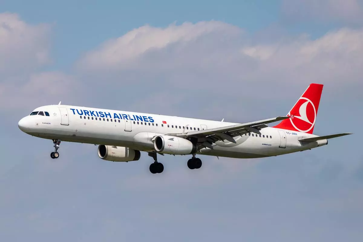 Turkish Airlines aircraft in the sky before the landing.