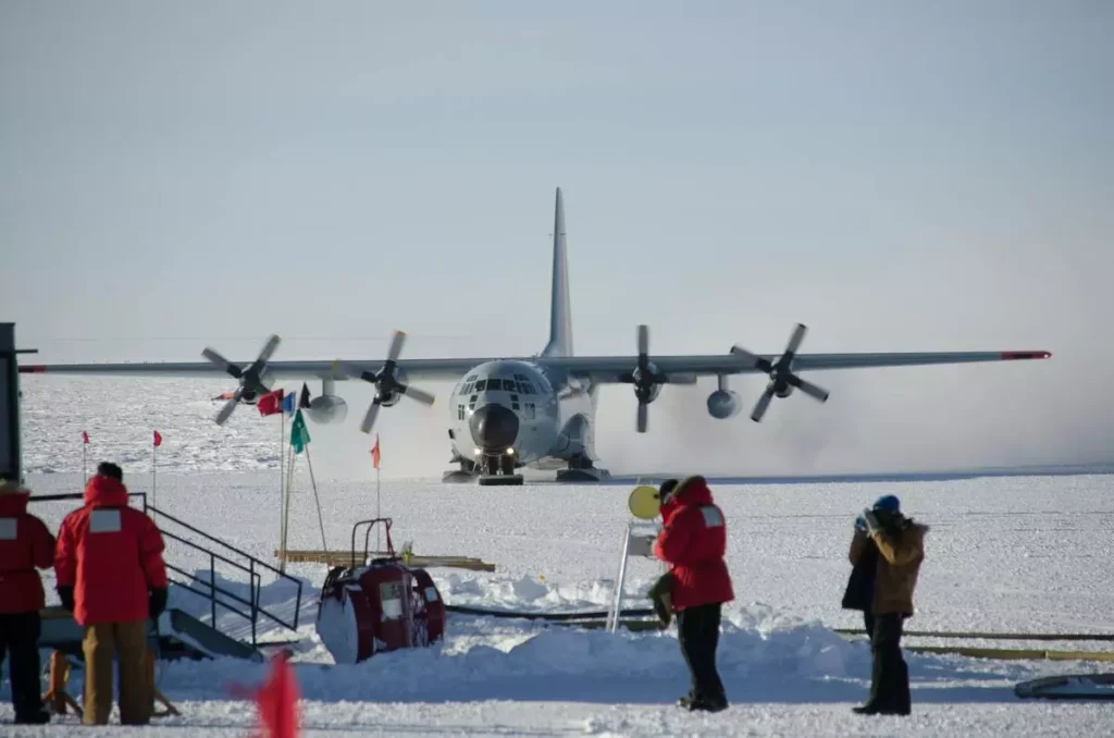 U. S. Air Force C-130 Cargomaster taxiing at South Pole Station.