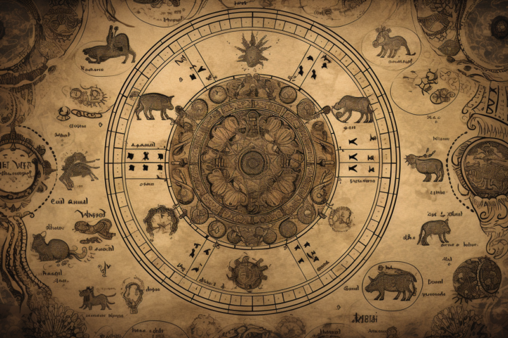 Image of zodiac signs in the circle in yellow colors