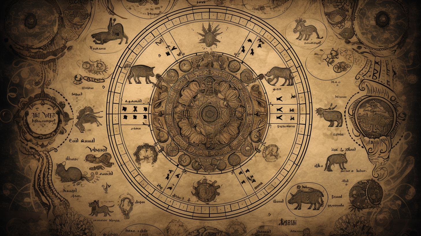 Image of zodiac signs in the circle in yellow colors