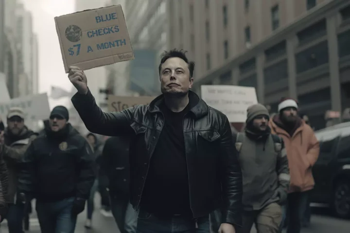 Elon Musk with the banner on the street of New York