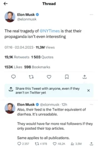 Elon Musk's tweet about the news feed of The New York Times as reaction that newspaper would not pay for verification