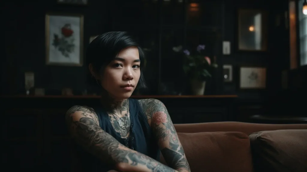 Malaysian girl with lots of tattoos is sitting on the sofa.