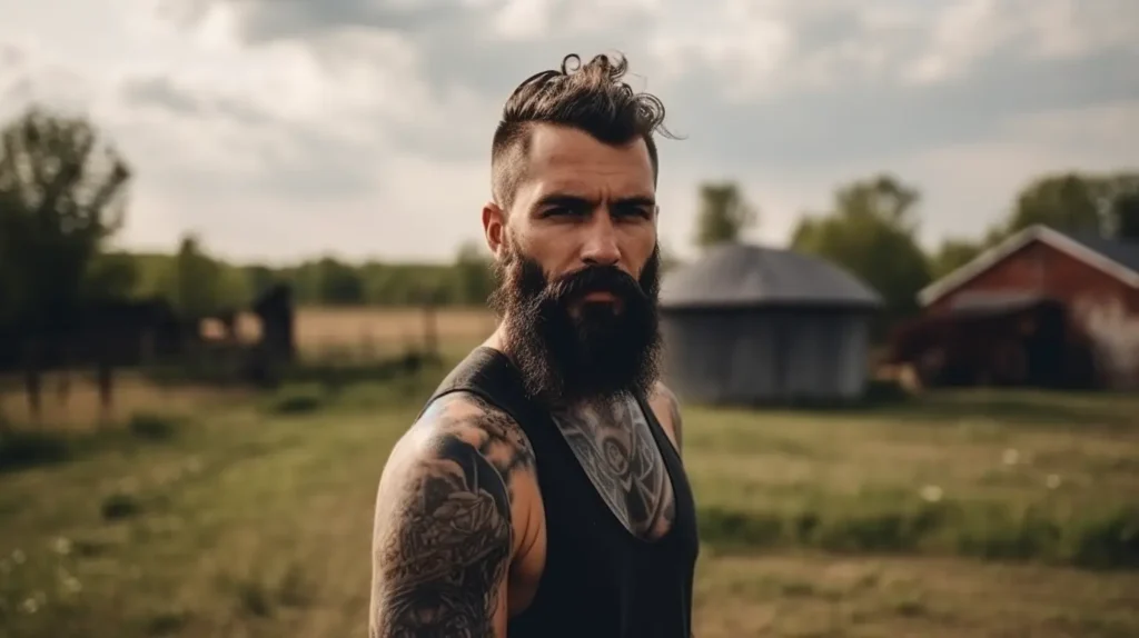 Young man with black beard and tattoos.