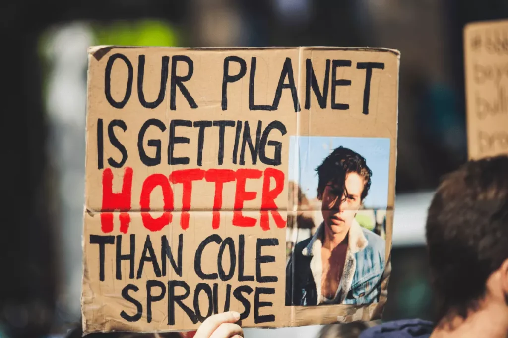 Global warming strike with image of Cole Sprouce