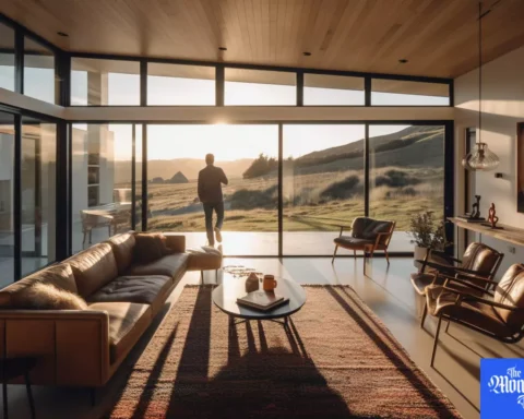 Editorial photo at dusk with a man looking in the window, shot man's back, featured in dwell, medium shot of The Living Room