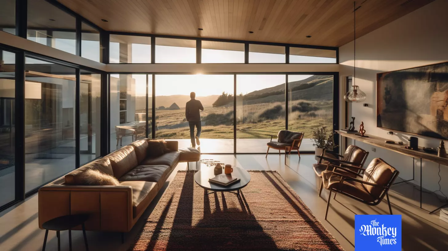 Editorial photo at dusk with a man looking in the window, shot man's back, featured in dwell, medium shot of The Living Room