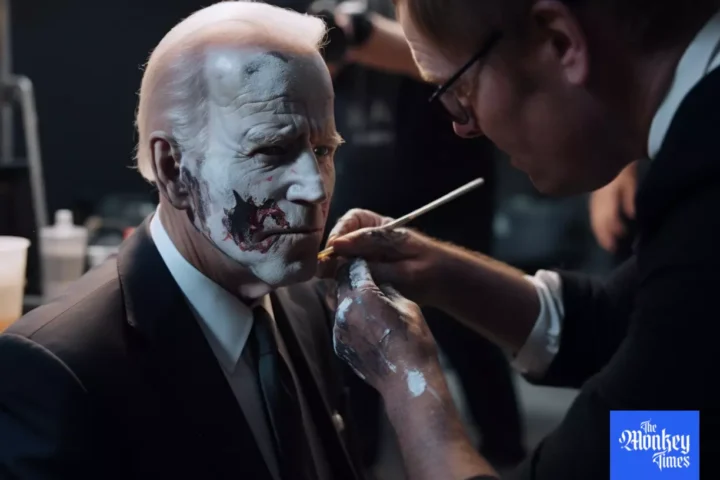 Makeup artist is working on a man in suit and tie