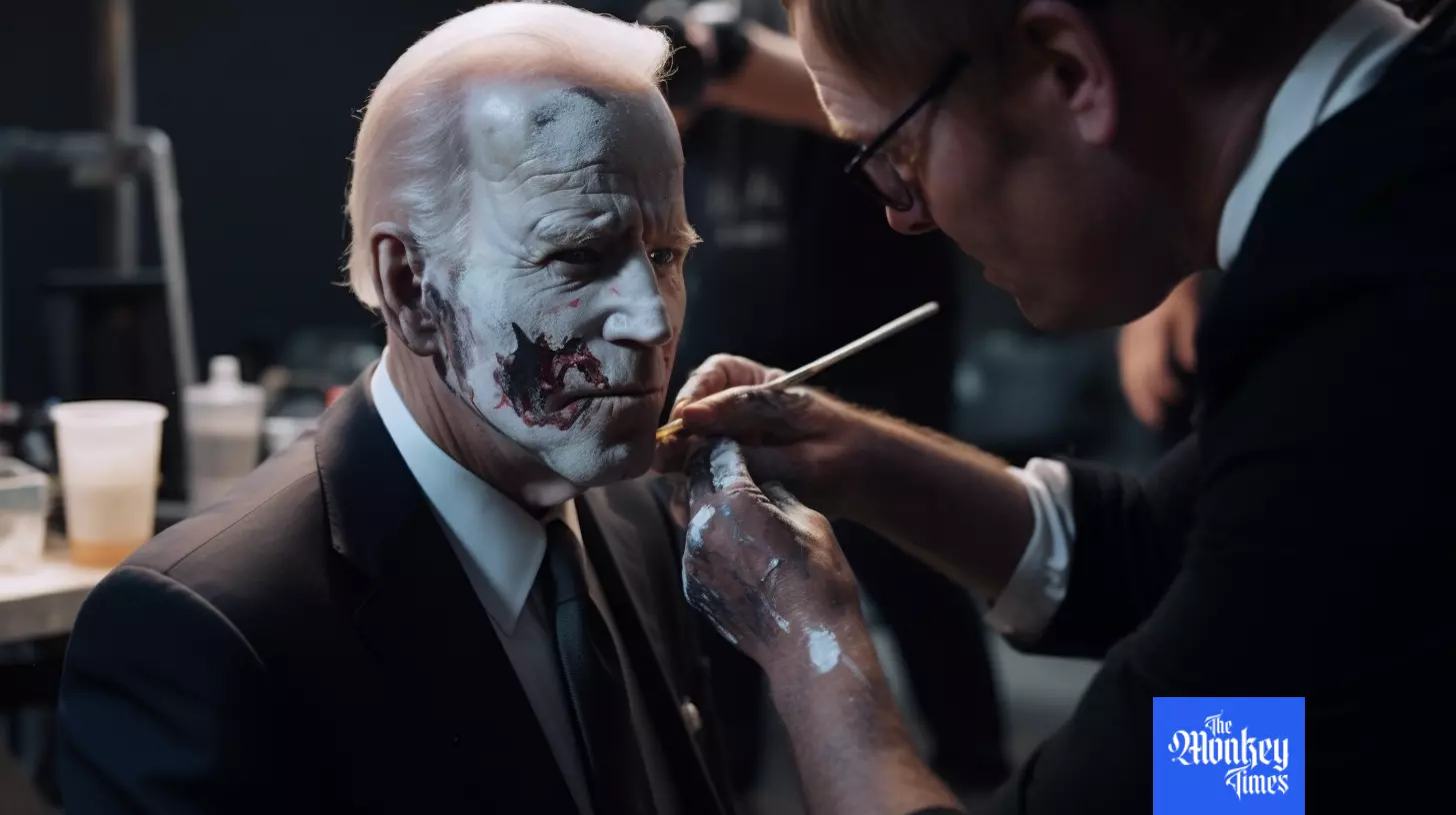 Makeup artist is working on a man in suit and tie