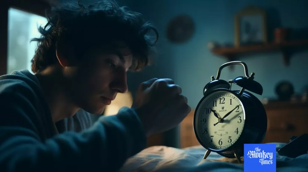 A young guy near the bed and the alarm clock is in front of him