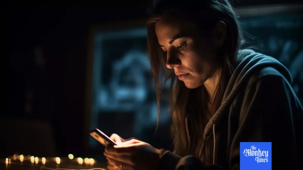 A woman in the dark room is looking at the screen of her mobile phone