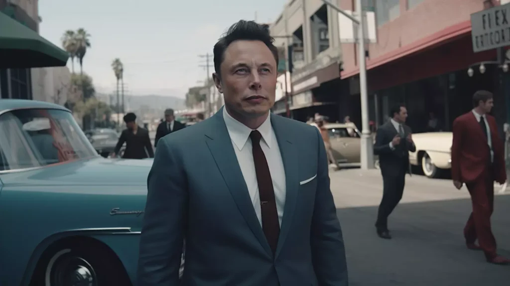 Elon Musk wearing suit and tie, Los Angeles, 1960s' style