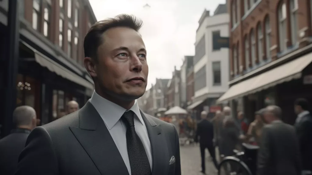 Amsterdam, Elon Musk in a suit on the street