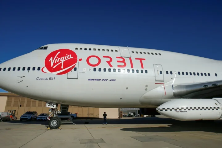 Boeing 747-400 plane with logo of Virgin Orbit company