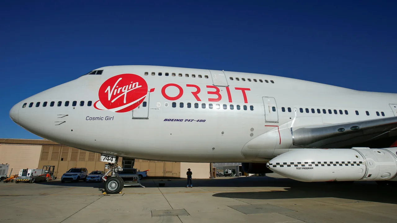 Boeing 747-400 plane with logo of Virgin Orbit company