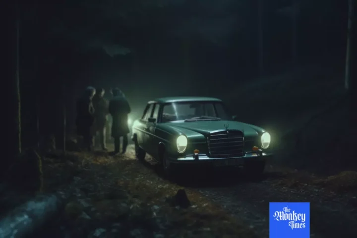 The car and three guys in the deep forest at night