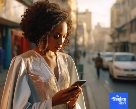 Ethiopian lady in Addis Abeba staring at her smartphone