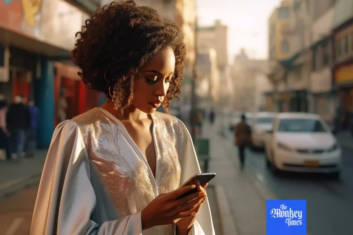 Ethiopian lady in Addis Abeba staring at her smartphone