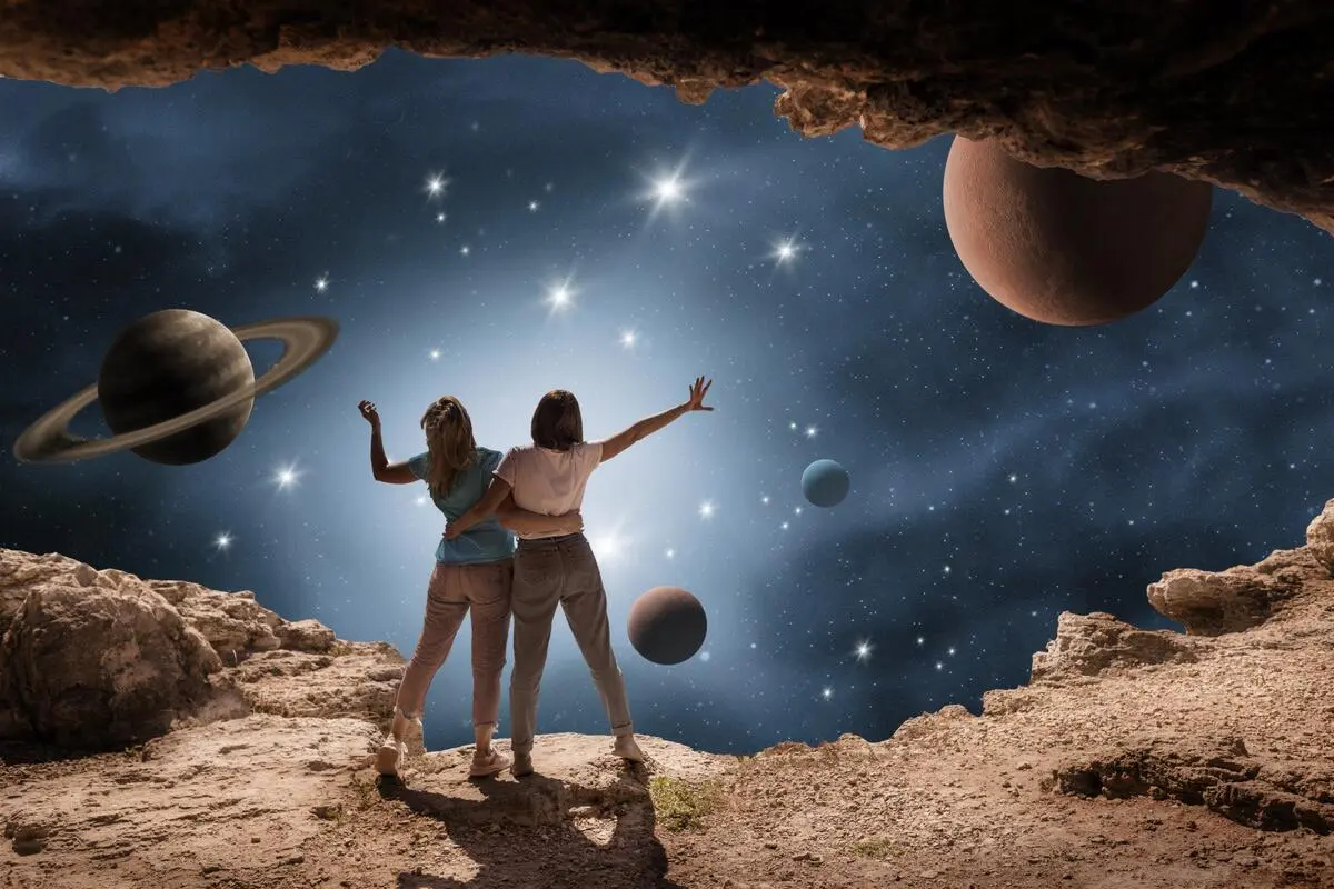Space collage with two young women